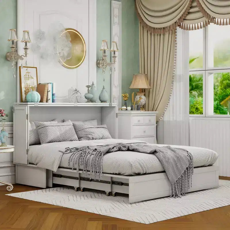 Letto a scomparsa Queen con telaio in legno massello, cassetti e caricatore integrato 62,05''x39,76''