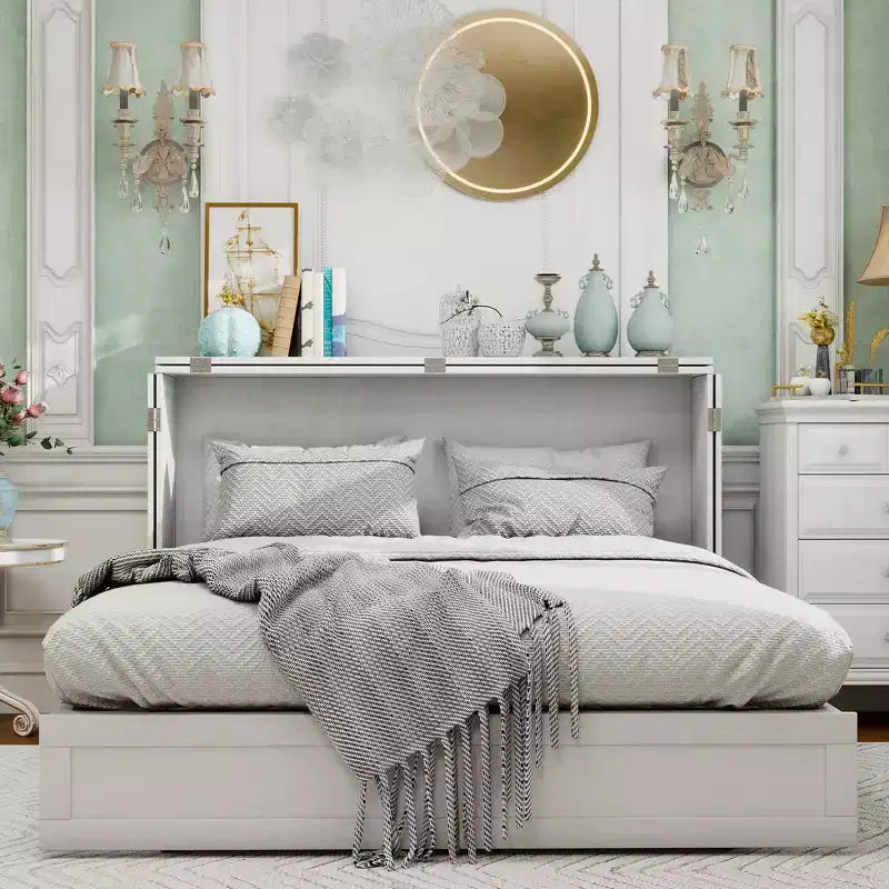 Letto a scomparsa Queen con telaio in legno massello, cassetti e caricatore integrato 62,05''x39,76''