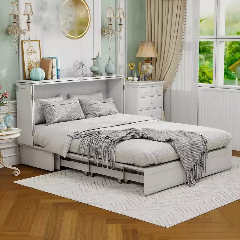 Letto a scomparsa Queen con telaio in legno massello, cassetti e caricatore integrato 62,05''x39,76''