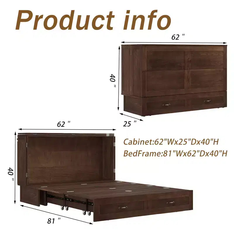 Letto a scomparsa Queen con telaio in legno massello, cassetti e caricatore integrato 62,05''x39,76''