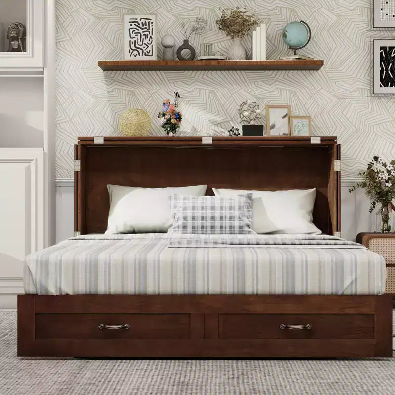 Letto a scomparsa Queen con telaio in legno massello, cassetti e caricatore integrato 62,05''x39,76''