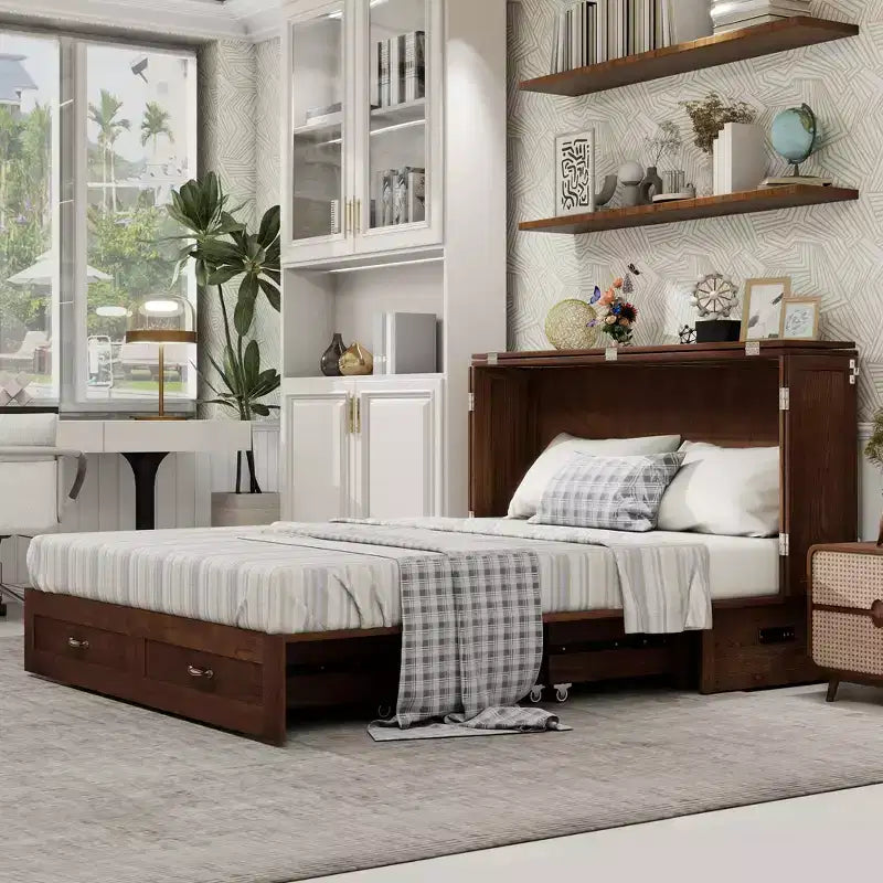 Letto a scomparsa Queen con telaio in legno massello, cassetti e caricatore integrato 62,05''x39,76''