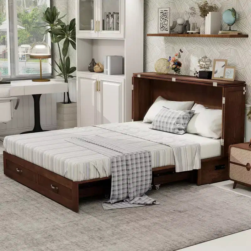 Letto a scomparsa Queen con telaio in legno massello, cassetti e caricatore integrato 62,05''x39,76''