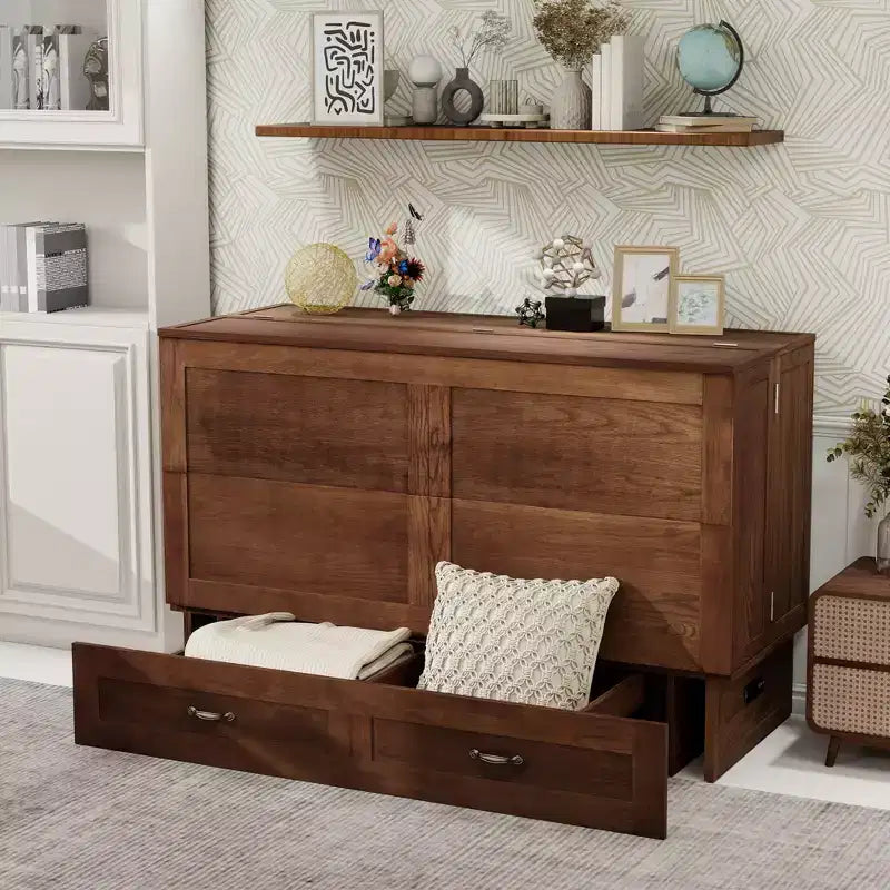 Letto a scomparsa Queen con telaio in legno massello, cassetti e caricatore integrato 62,05''x39,76''