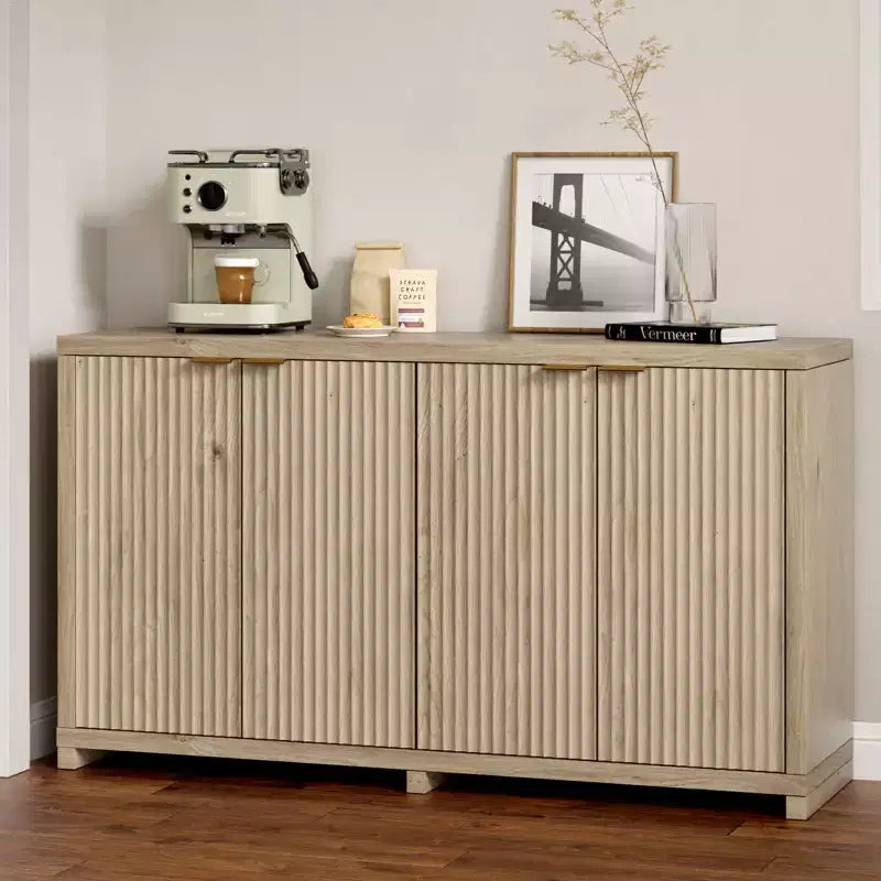 Credenza/Mobile Buffet in Legno d'Acero Scanalato con 4 Ante a Chiusura Ammortizzata 39.6 cm P
