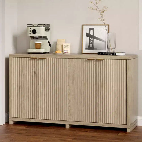 Credenza/Mobile Buffet in Legno d'Acero Scanalato con 4 Ante a Chiusura Ammortizzata 39.6 cm P