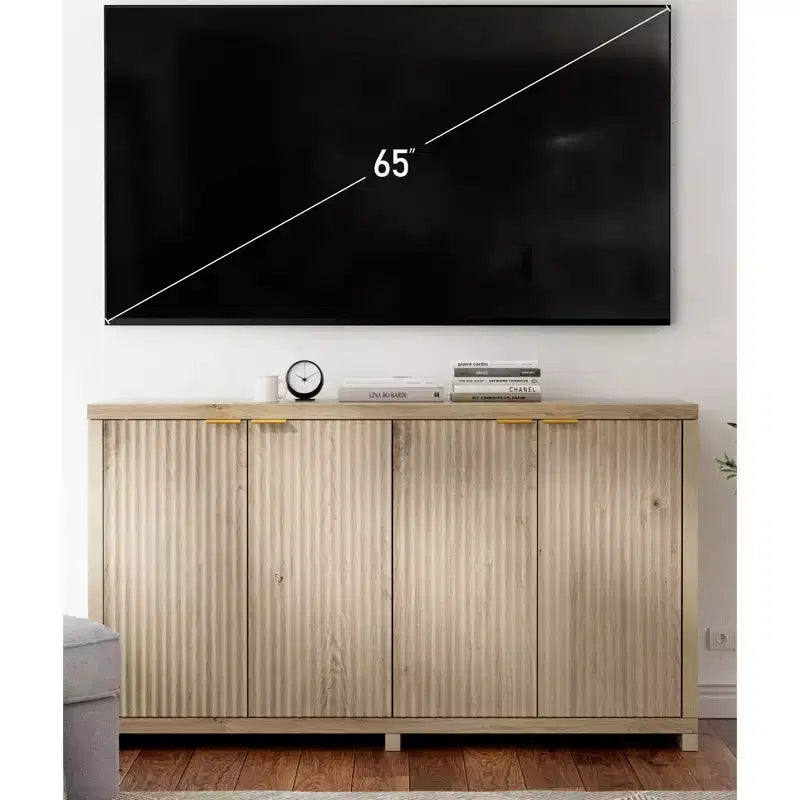 Credenza/Mobile Buffet in Legno d'Acero Scanalato con 4 Ante a Chiusura Ammortizzata 39.6 cm P