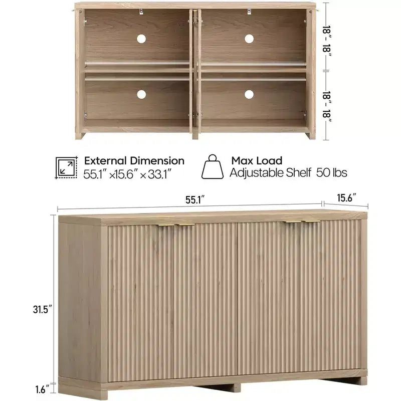 Credenza/Mobile Buffet in Legno d'Acero Scanalato con 4 Ante a Chiusura Ammortizzata 39.6 cm P