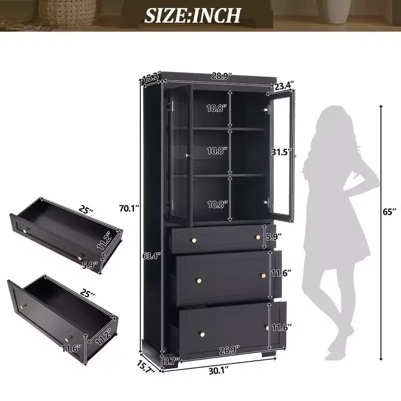 Mobiletto portaoggetti da bagno in MDF con ante in vetro e 3 cassetti 76,5x40x178 cm