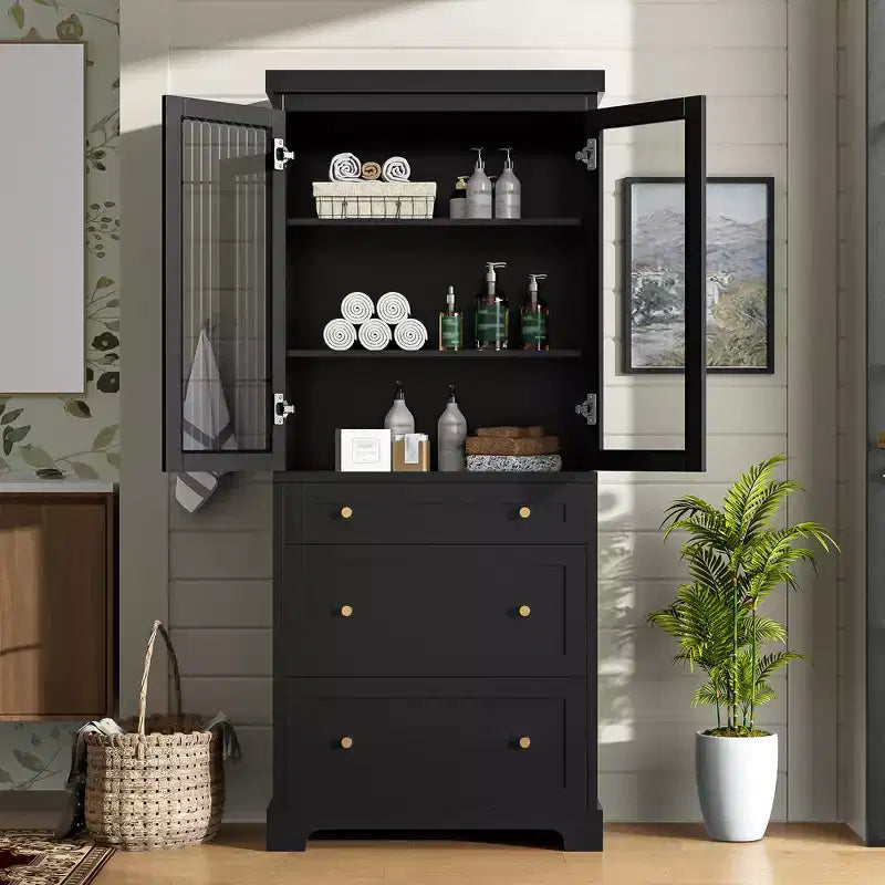 MDF Bathroom Storage Cabinet with Glass Doors and 3 Drawers 30.1''x15.7''x70.1''
