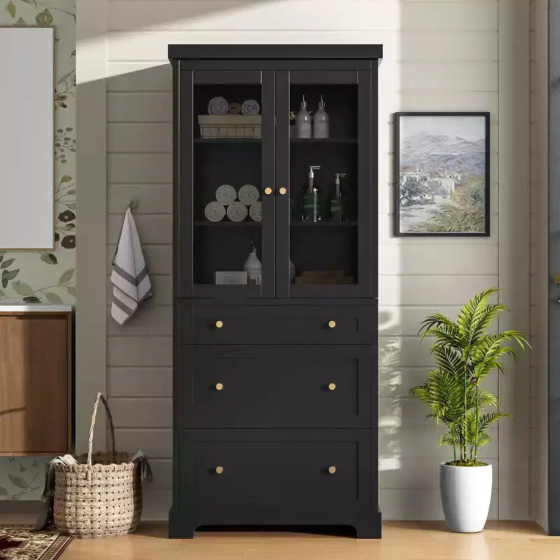 MDF Bathroom Storage Cabinet with Glass Doors and 3 Drawers 30.1''x15.7''x70.1''