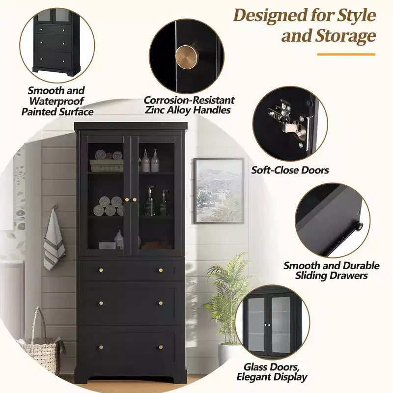 Mobiletto portaoggetti da bagno in MDF con ante in vetro e 3 cassetti 76,5x40x178 cm
