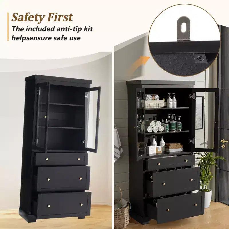 MDF Bathroom Storage Cabinet with Glass Doors and 3 Drawers 30.1''x15.7''x70.1''