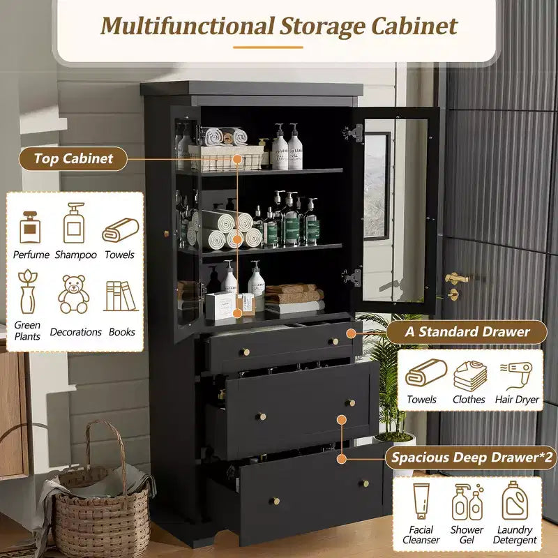 Mobiletto portaoggetti da bagno in MDF con ante in vetro e 3 cassetti 76,5x40x178 cm