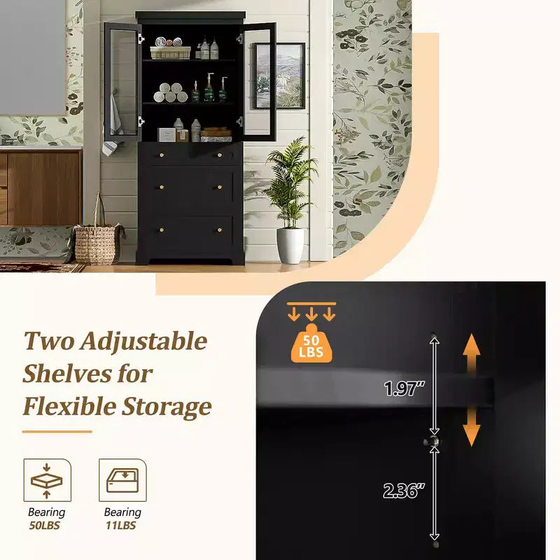 Mobiletto portaoggetti da bagno in MDF con ante in vetro e 3 cassetti 76,5x40x178 cm