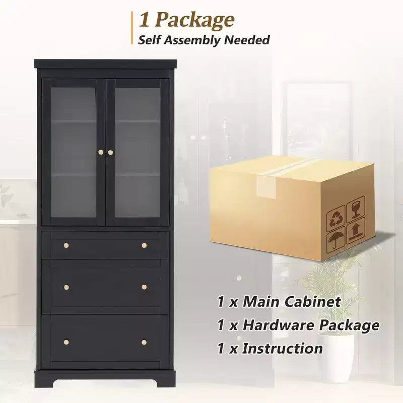 Mobiletto portaoggetti da bagno in MDF con ante in vetro e 3 cassetti 76,5x40x178 cm