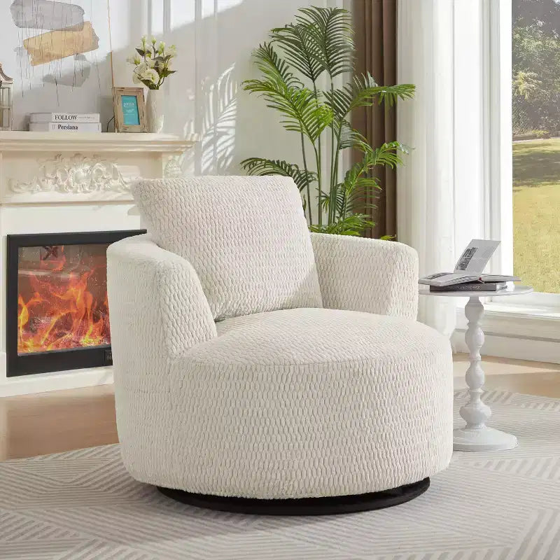 Faux Fur Upholstered 360-Degree Swivel Barrel Accent Chair Solid Wood Frame