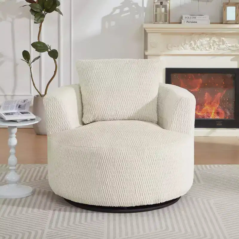 Faux Fur Upholstered 360-Degree Swivel Barrel Accent Chair Solid Wood Frame