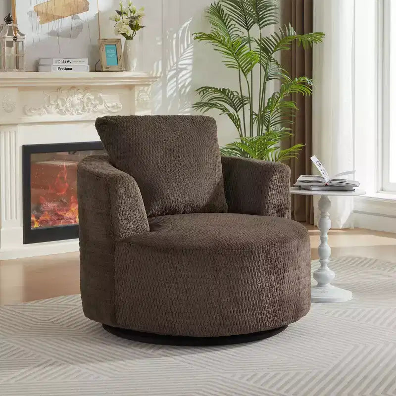 Faux Fur Upholstered 360-Degree Swivel Barrel Accent Chair Solid Wood Frame