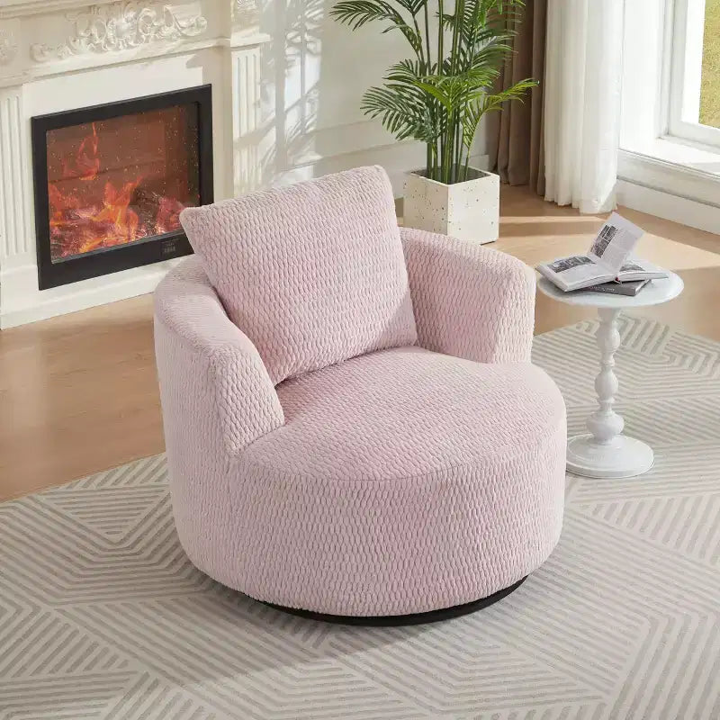 Faux Fur Upholstered 360-Degree Swivel Barrel Accent Chair Solid Wood Frame