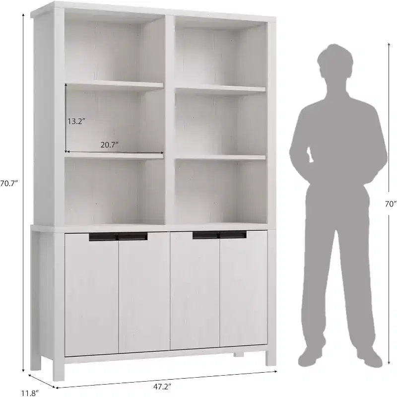 Wood 5-Tier Double Wide Bookshelf with Doors and Adjustable Shelf 47.2''x11.8''x70.7''
