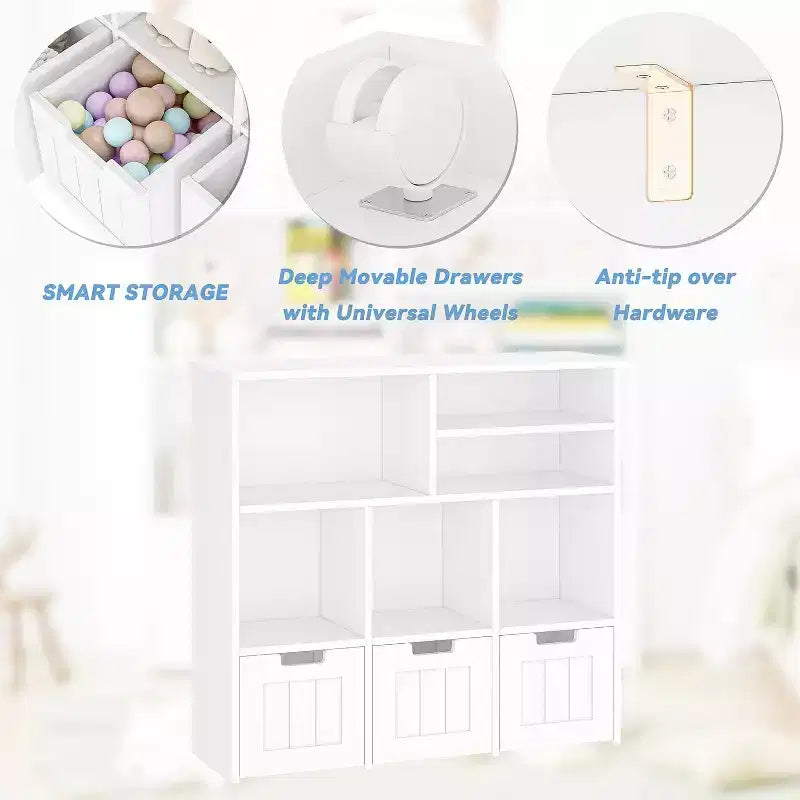 Mobile Contenitore in MDF per Giocattoli per Bambini con 3 Cassetti e 6 Scomparti a Cubo 100x33x89 cm