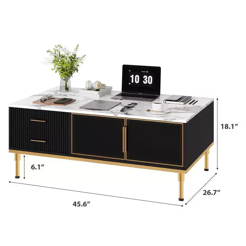 Metal and Faux Marble Coffee Table with 4 Drawers and Glass Doors White and Gold