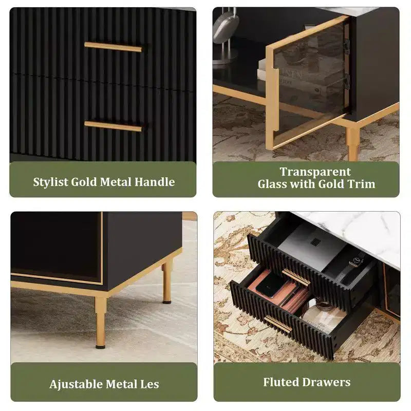 Metal and Faux Marble Coffee Table with 4 Drawers and Glass Doors White and Gold