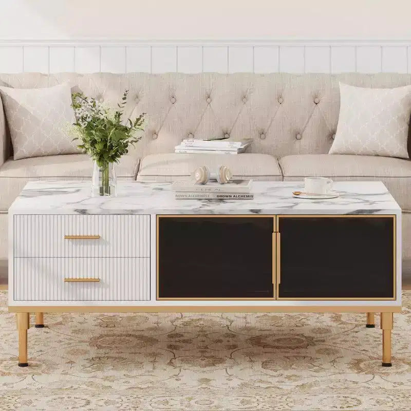 Metal and Faux Marble Coffee Table with 4 Drawers and Glass Doors White and Gold
