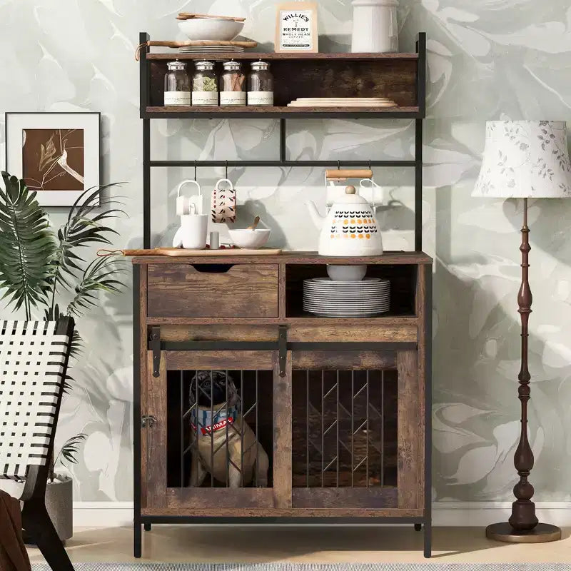 Wood and Metal 2-in-1 Storage Cabinet with Dog Crate Compartment 31.5''x16.5''x59.1''