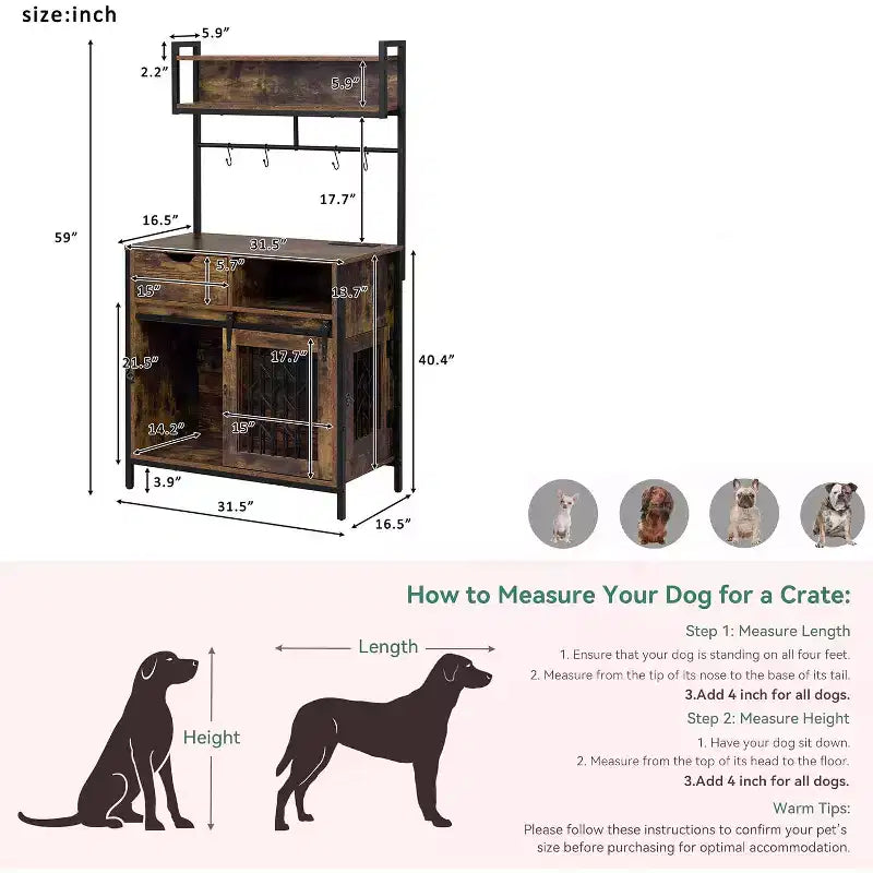 Wood and Metal 2-in-1 Storage Cabinet with Dog Crate Compartment 31.5''x16.5''x59.1''