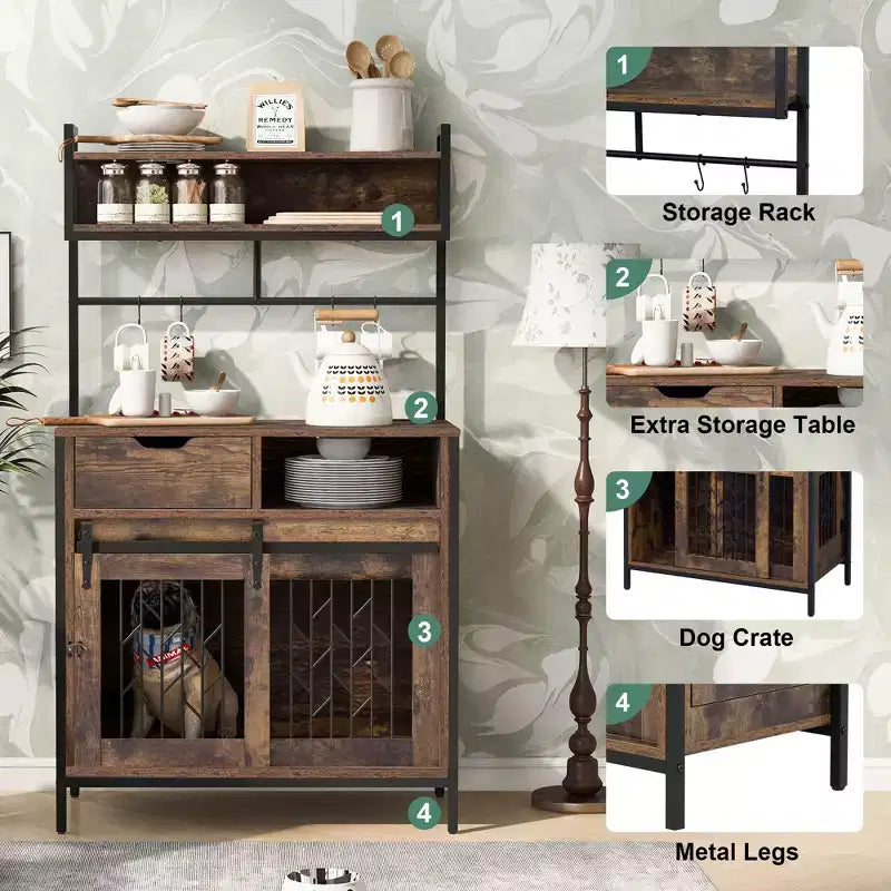 Wood and Metal 2-in-1 Storage Cabinet with Dog Crate Compartment 31.5''x16.5''x59.1''