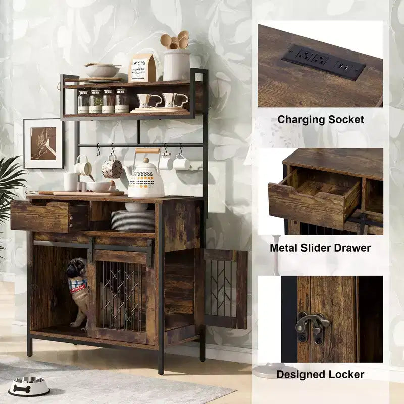 Mobile contenitore 2 in 1 in legno e metallo con comparto cuccia 80x42x150 cm