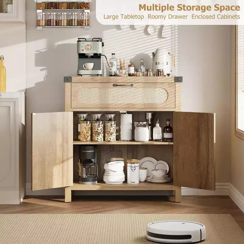 Credenza/Madia con 2 cassetti e 2 ante in legno e rattan naturale 86 cm H