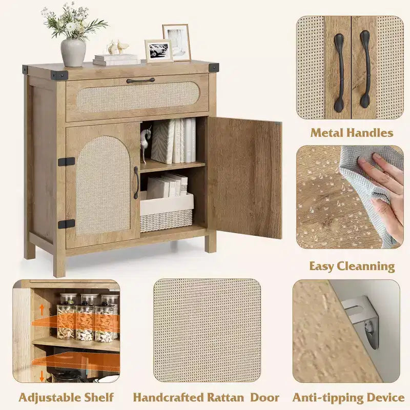 Credenza/Madia con 2 cassetti e 2 ante in legno e rattan naturale 86 cm H