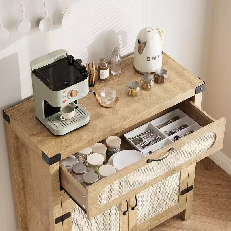 Credenza/Madia con 2 cassetti e 2 ante in legno e rattan naturale 86 cm H