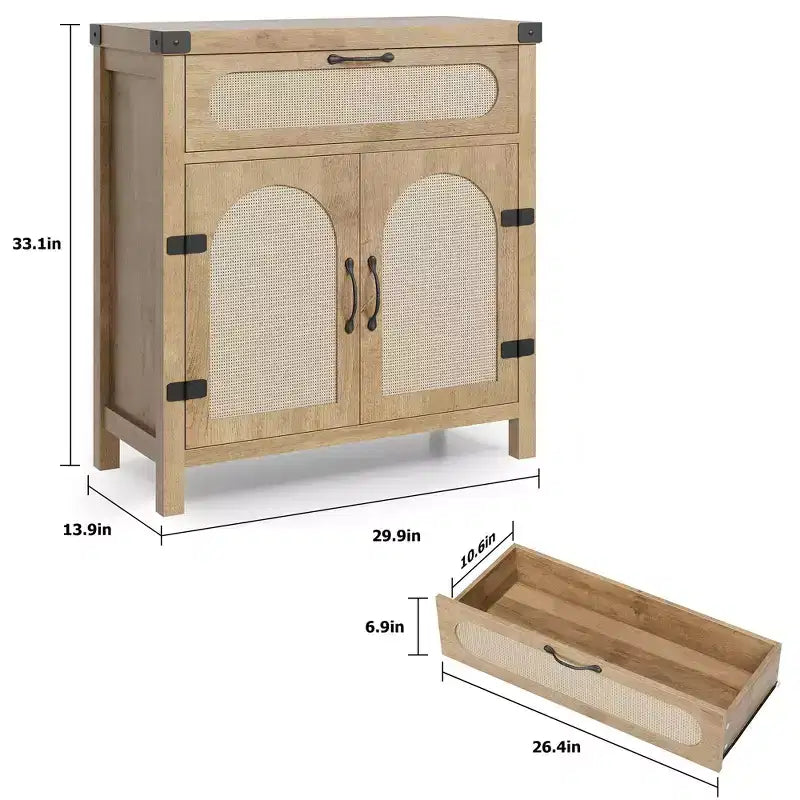 Credenza/Madia con 2 cassetti e 2 ante in legno e rattan naturale 86 cm H
