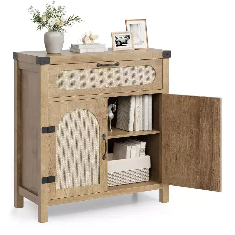 Credenza/Madia con 2 cassetti e 2 ante in legno e rattan naturale 86 cm H