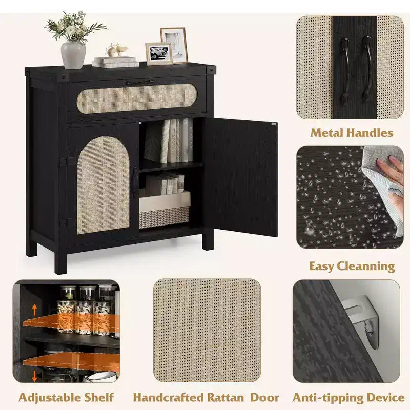 Wood and Rattan Sideboard Buffet Cabinet with 2 Drawers and 2 Doors Natural 34''H