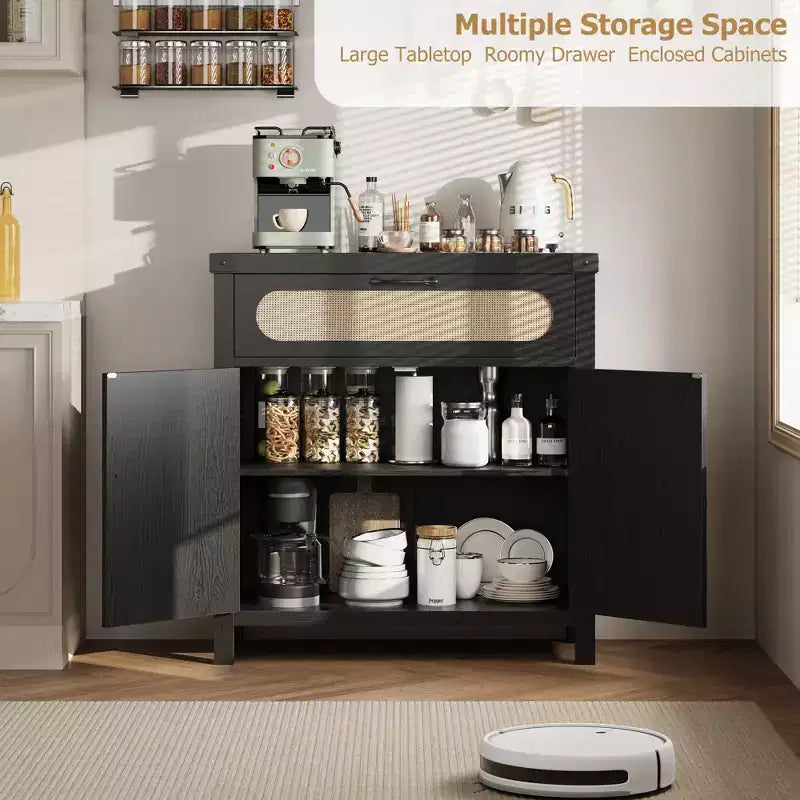Wood and Rattan Sideboard Buffet Cabinet with 2 Drawers and 2 Doors Natural 34''H