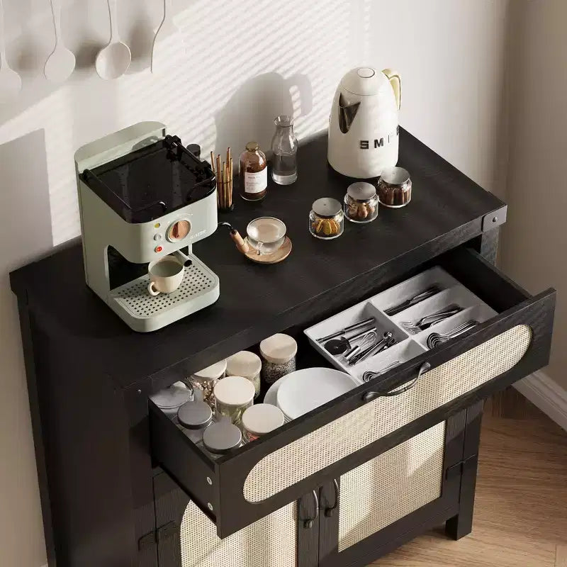 Credenza/Madia con 2 cassetti e 2 ante in legno e rattan naturale 86 cm H