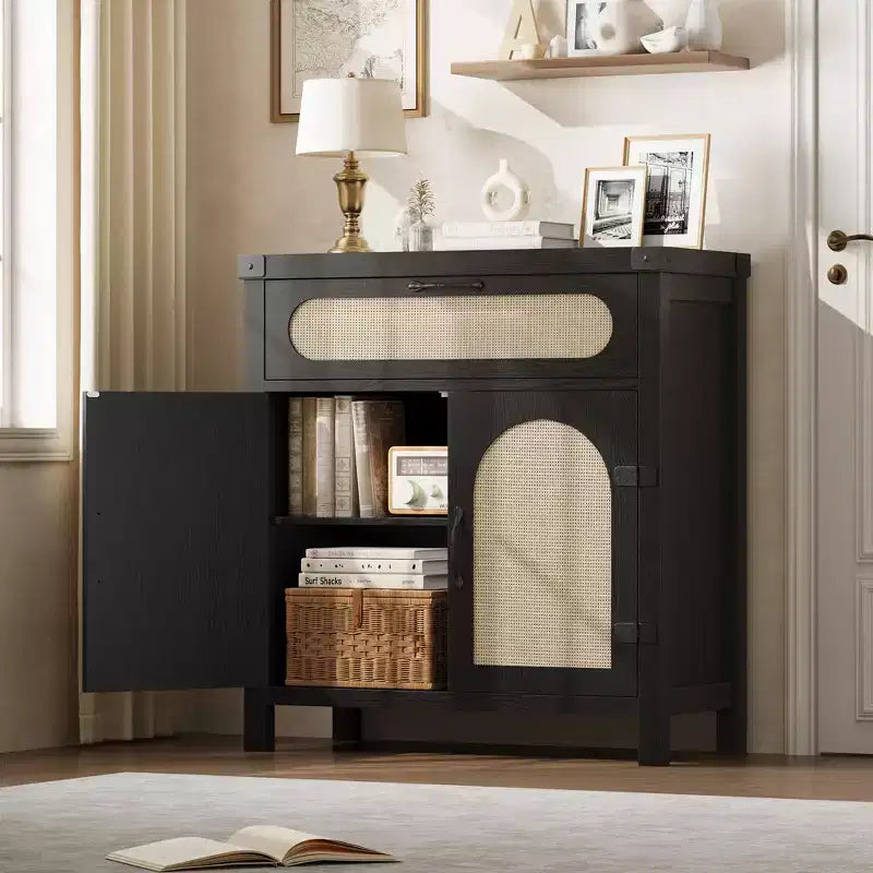 Credenza/Madia con 2 cassetti e 2 ante in legno e rattan naturale 86 cm H