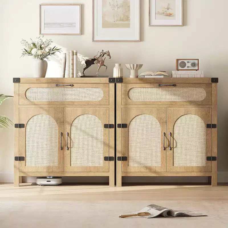 Credenza/Madia con 2 cassetti e 2 ante in legno e rattan naturale 86 cm H