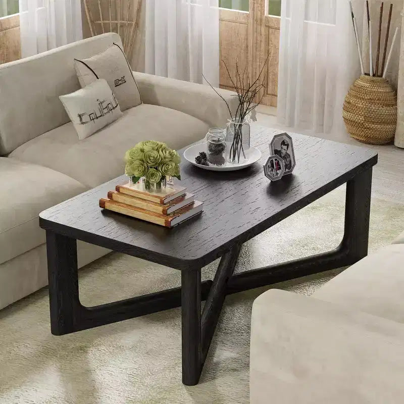 Tavolino da caffè rettangolare in legno massello con gambe incrociate Nero 50''x26''x18''