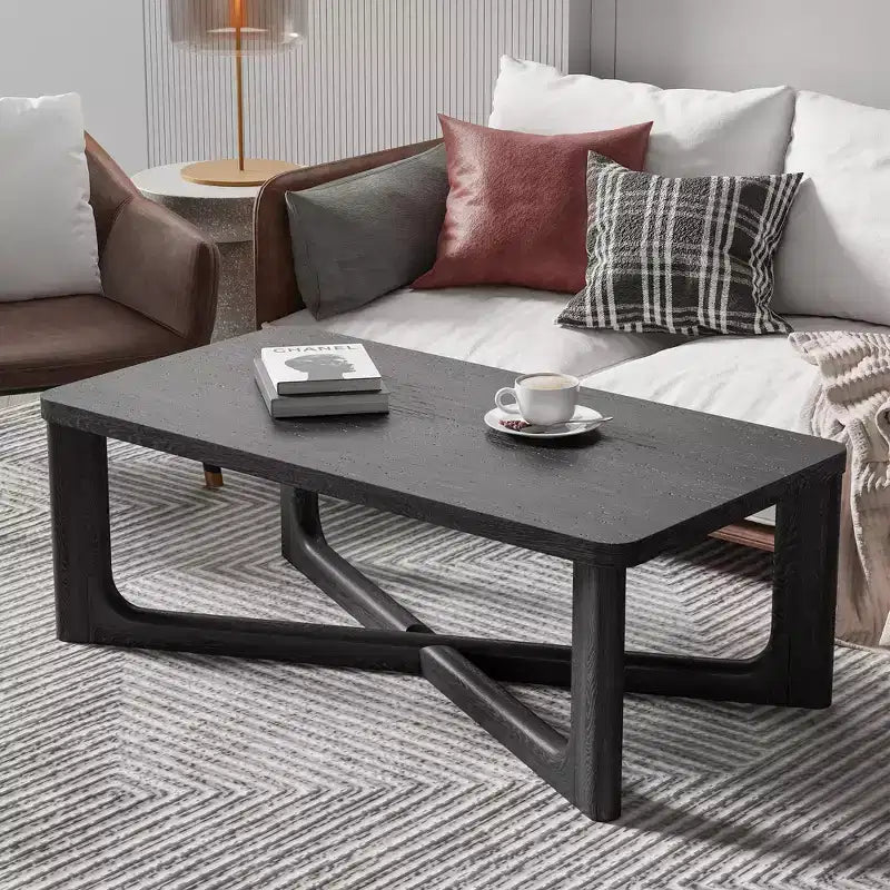 Tavolino da caffè rettangolare in legno massello con gambe incrociate Nero 50''x26''x18''