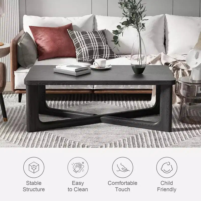 Solid Wood Rectangular Coffee Table with Cross Legs Black 50''x26''x18''