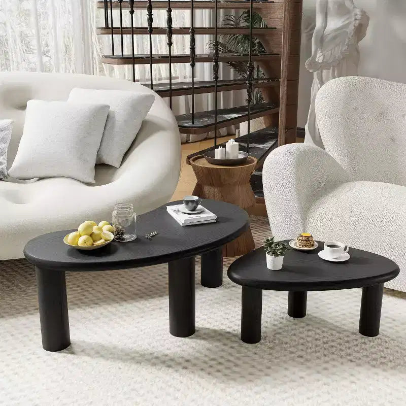 Solid Wood Nested Coffee Table Set 2-Piece Irregular Shape Black 34''x25''x13''