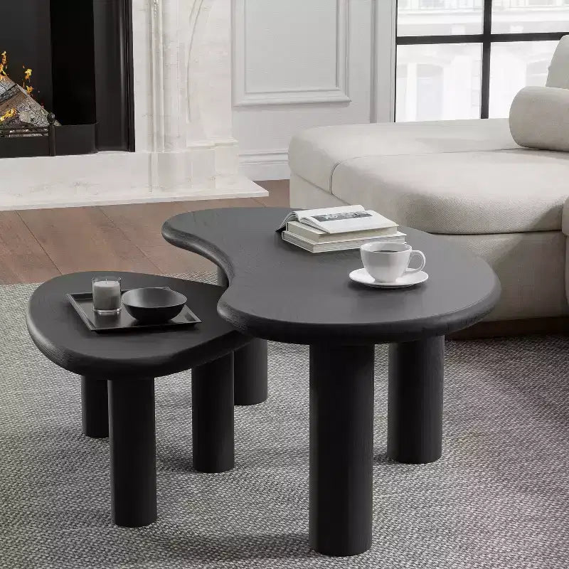 Solid Wood Nested Coffee Table Set 2-Piece Irregular Shape Black 34''x25''x13''
