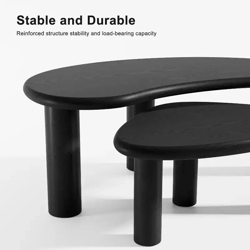 Set di 2 tavolini da caffè in legno massello ad incastro, forma irregolare, neri, 86x63x33 cm