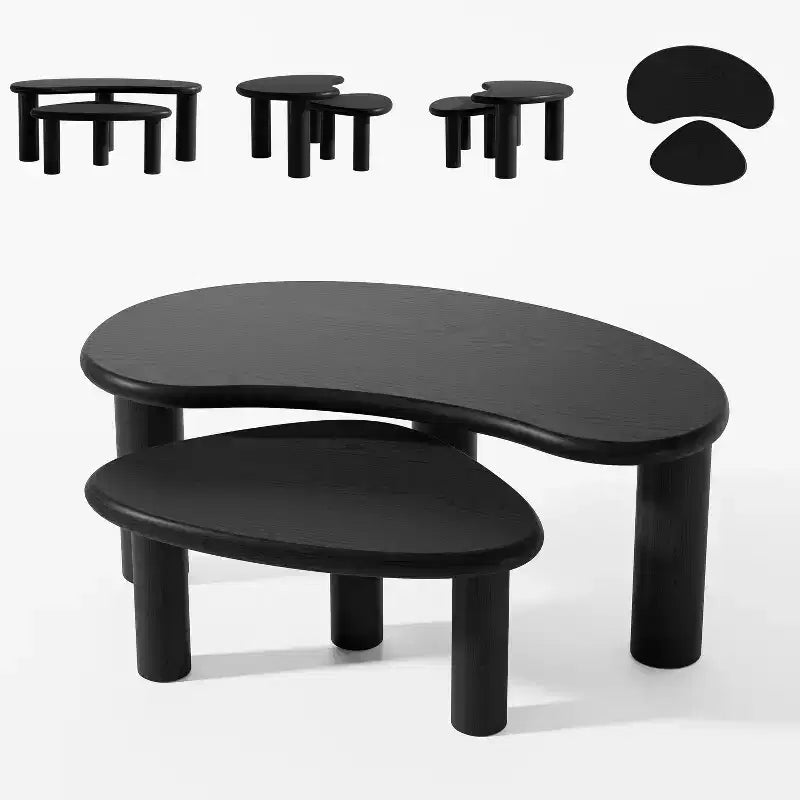 Set di 2 tavolini da caffè in legno massello ad incastro, forma irregolare, neri, 86x63x33 cm
